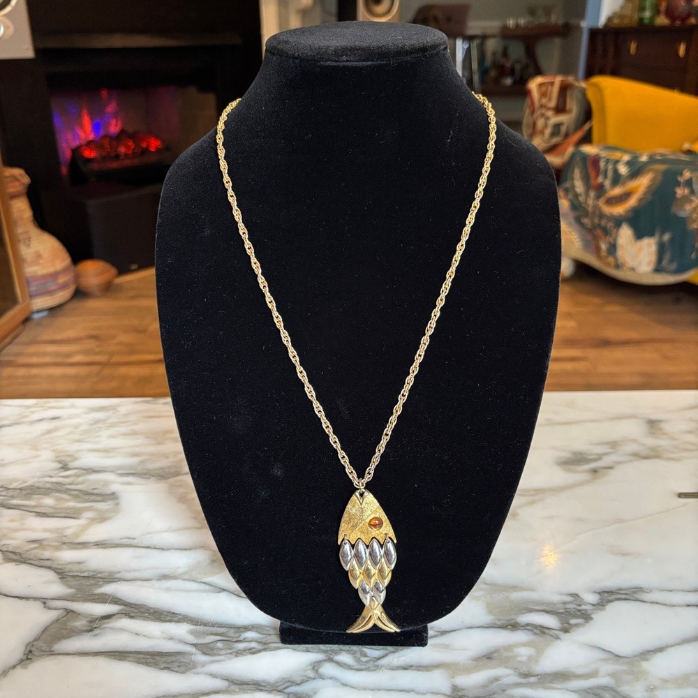 Articulated Silver Gold Two Tone Fish Pendant Rope Chain Necklace